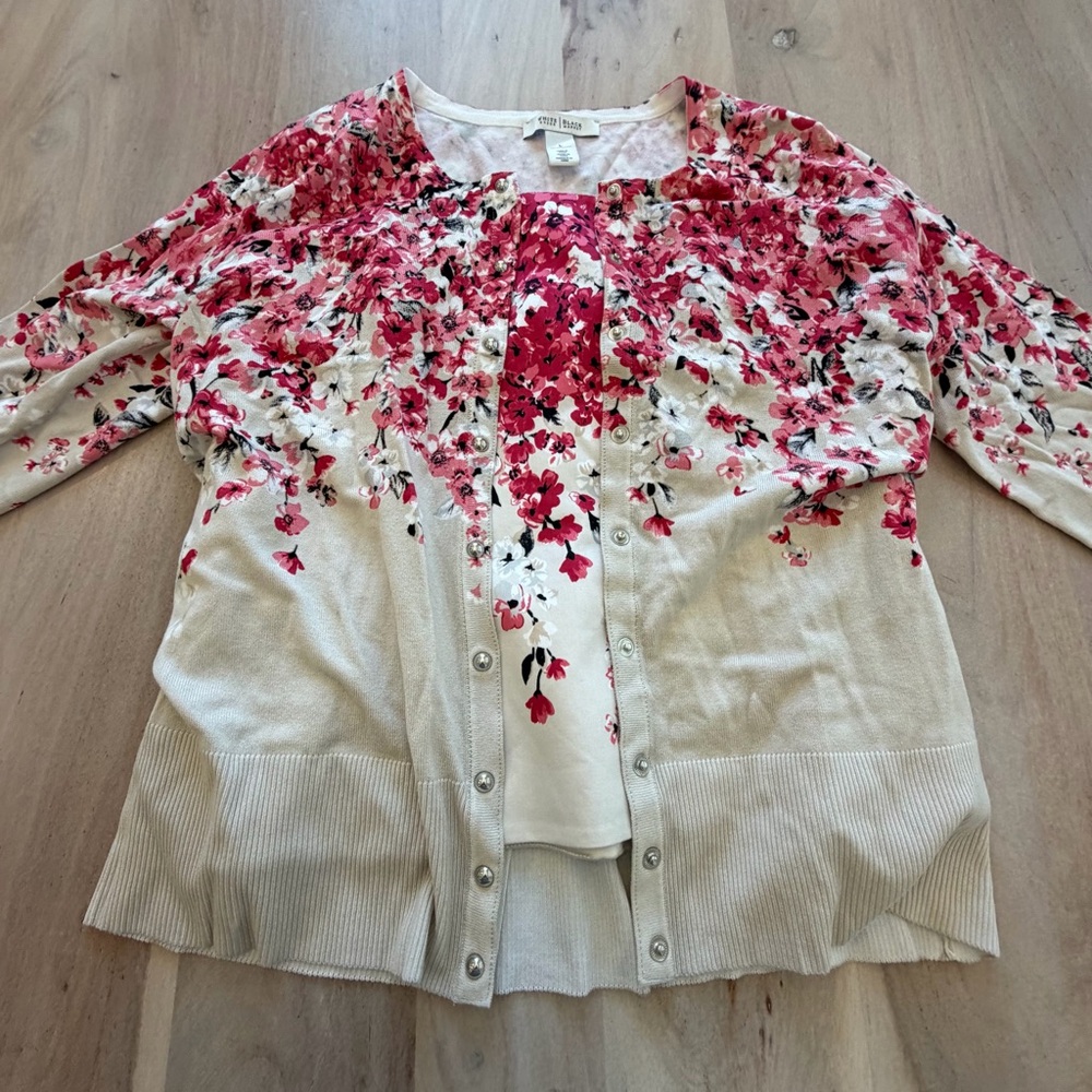 White House Black Market Corset Top Cardigan Set White Pink Floral Women’s Large